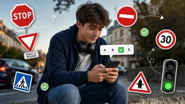 Jeune candidat révisant l’examen du code de la route sur son smartphone, entouré de panneaux de signalisation