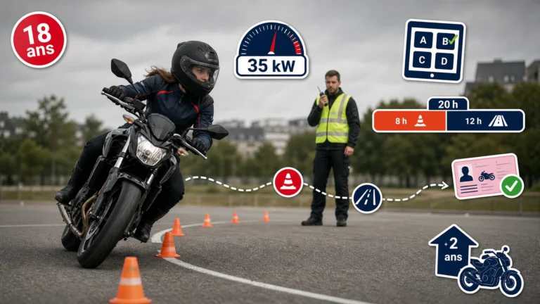 Élève en formation au permis moto A2 sur le plateau, sous l’œil de son moniteur